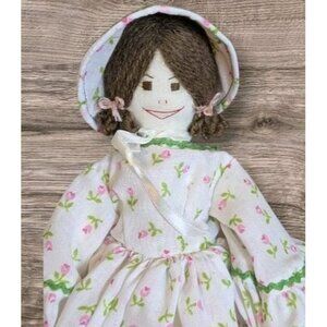 70s Homemade Cloth Rag Doll Yarn Hair Embroidered Face Country Signed 13" Mean
